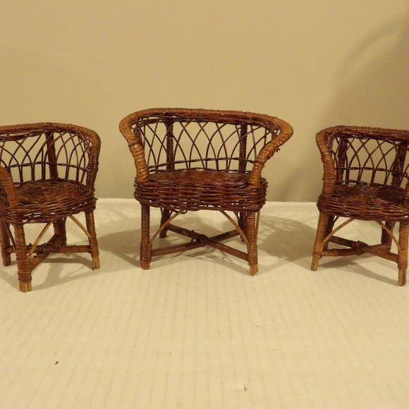 Unbranded Toys Vintage Wicker 2 Chairs Loveseat Dollhouse Furniture